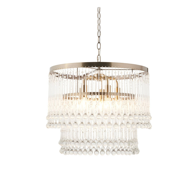 Endon Bramgrove 5 light tiered pendant with clear glass droplets on an antique brass frame, suspended from a chain on a white background.