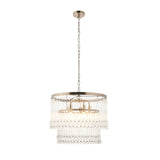 Endon Bramgrove 5 light pendant with tiered clear glass droplets on an antique brass frame and chain suspension, shown lit on a white background.