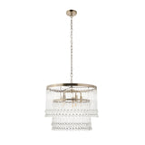 Endon Bramgrove 5 light tiered pendant with clear glass droplets on an antique brass frame and chain, shown against a plain white background.