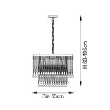 Dimension diagram of the Endon Bramgrove 5 light pendant showing 53cm diameter and adjustable 60-195cm height on a white background.