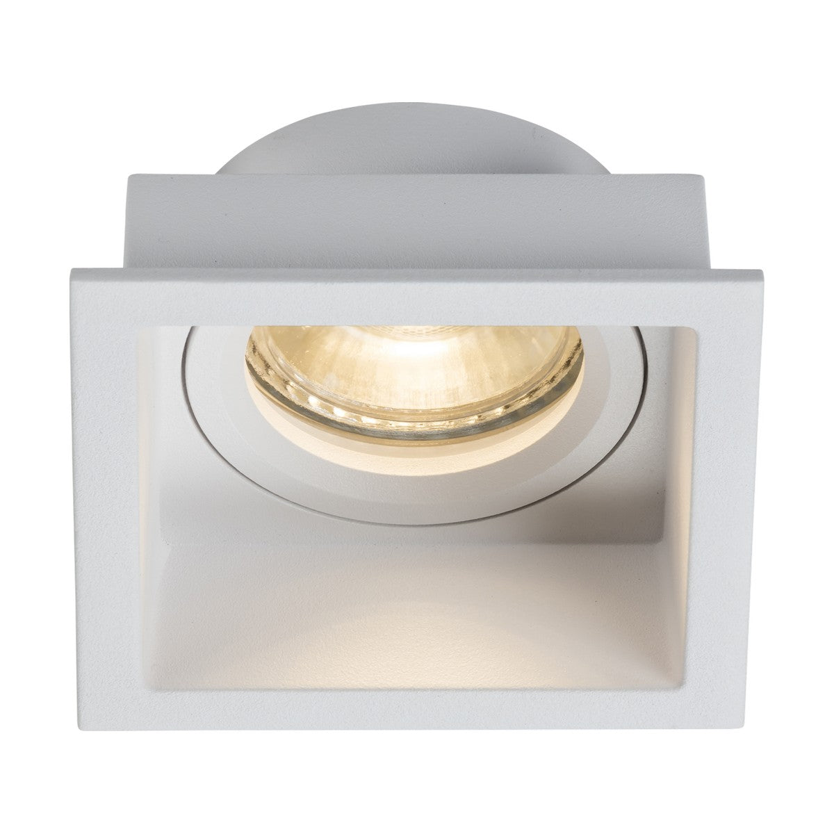 The Dipa Single Fixed Recessed Square Downlight - White by Dipa Lighting showcases a white frame with a central circular lamp that emits a warm glow. Its anti-glare design guarantees comfortable indoor lighting, making it an excellent choice for any room.