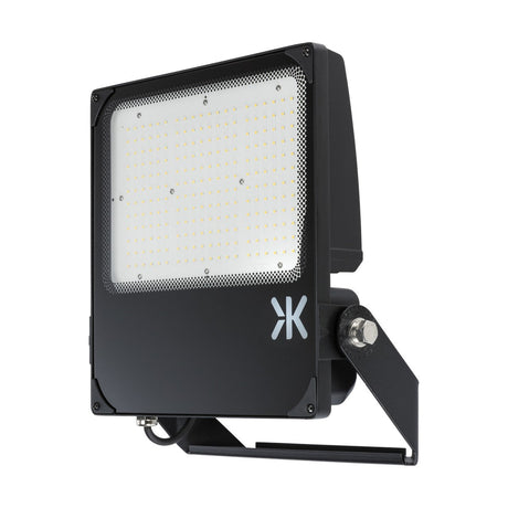 The Outdoor 200W IK08 Floodlight 4000K is designed with glare control, featuring a black frame and multiple small LED bulbs organized in a grid formation behind a clear cover. It comes with asymmetric lenses and has a side mounting bracket for straightforward installation.