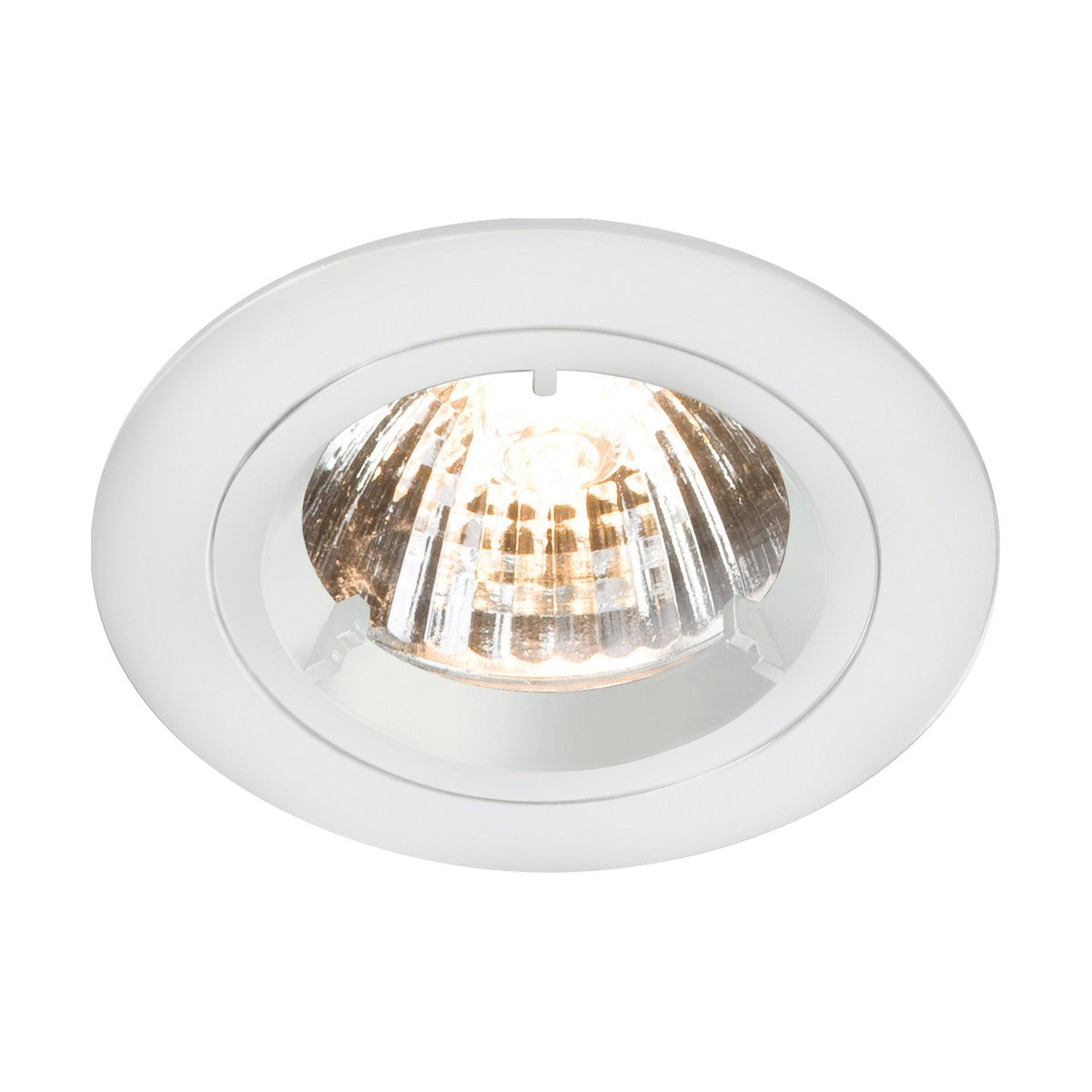 The GU10 White Recessed Fixed Twist & Lock Downlight is made from die-cast aluminum and features a white circular trim and a visible bulb emitting light. Operating at 230V, this recessed downlight has an IP20 rating for dependable indoor use.