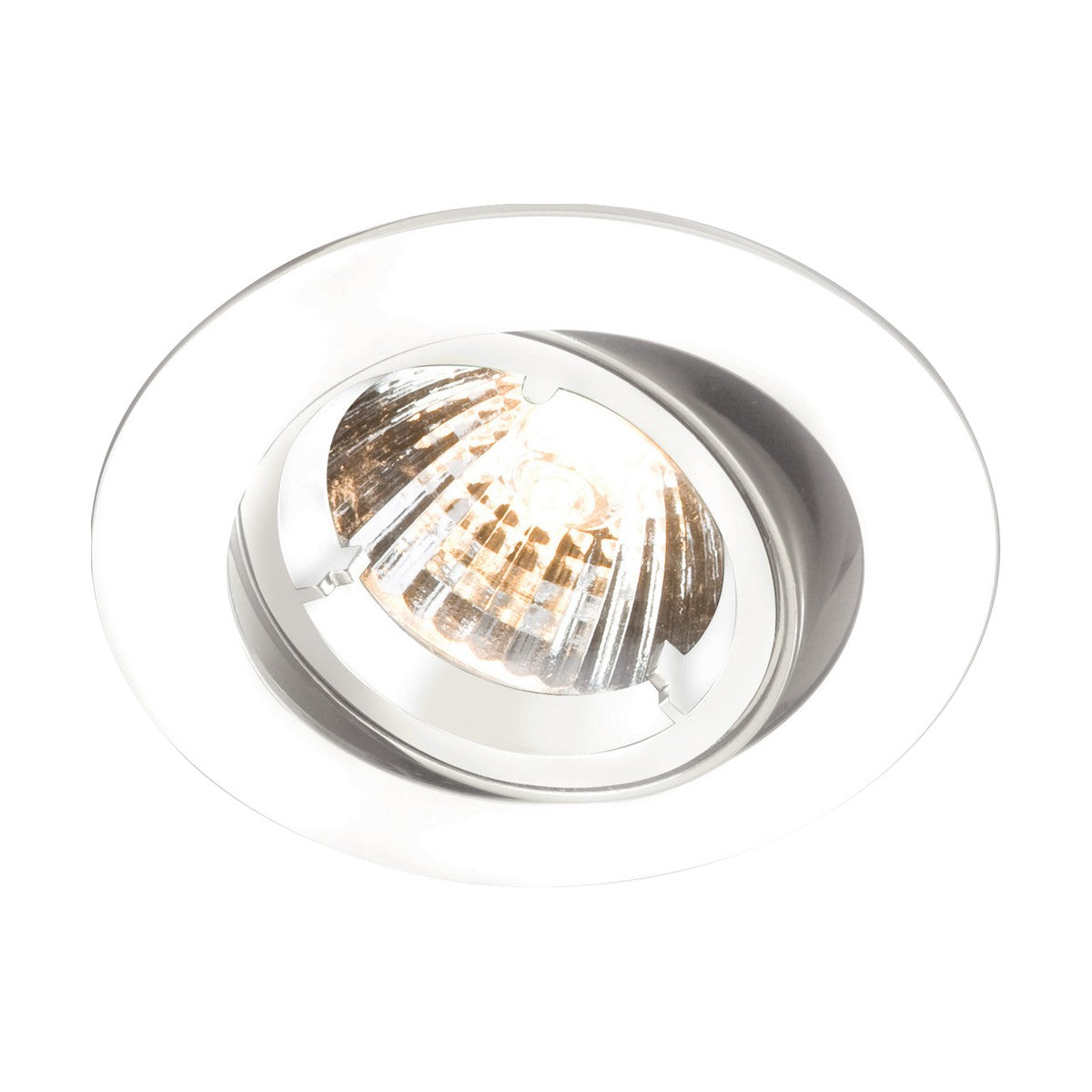 A recessed tilt ceiling light featuring a silver metallic rim houses a bright glowing bulb within. This circular fixture, constructed from die-cast aluminum, boasts a reflective interior that amplifies the bulb's illumination. It is the perfect GU10 White Recessed Tilt Twist & Lock Downlight for any contemporary space.