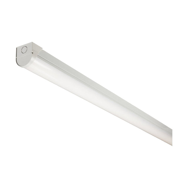 The Single 6ft 27/52W CCT Adjustable Batten is a stylish LED batten light featuring a slim, rectangular design and high efficiency. Its white metal housing emits bright light that is perfect for modern environments such as offices or kitchens. The fixture is artfully positioned diagonally against a white background.