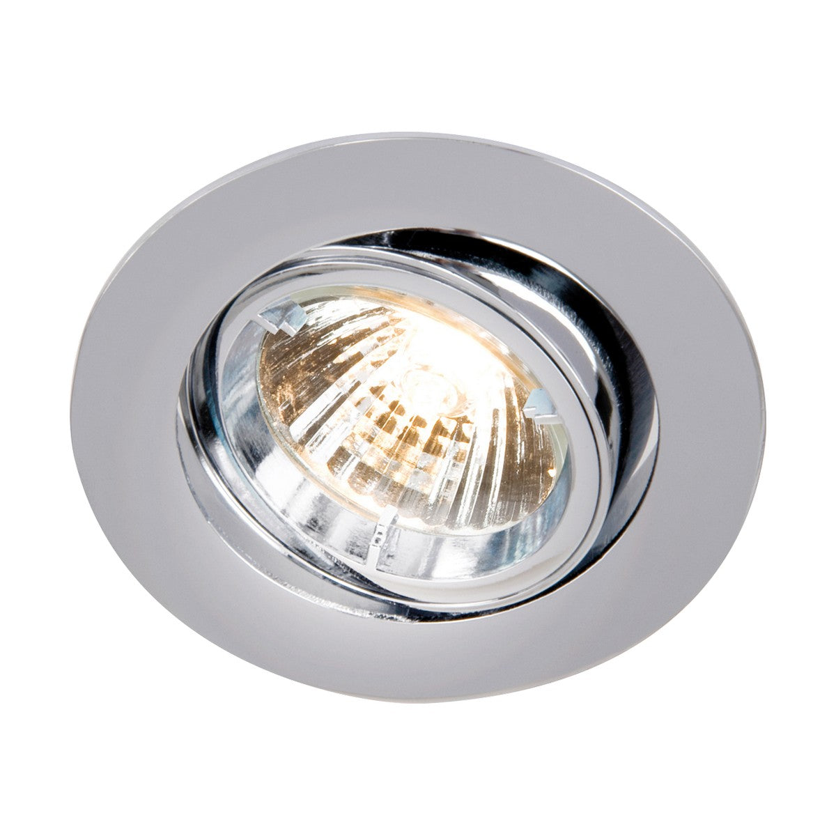 A close-up of the GU10 Chrome Recessed Tilt Twist & Lock Downlight made from die-cast aluminum. The bulb is illuminated, casting a warm glow and showcasing the sleek, modern design of the fixture.