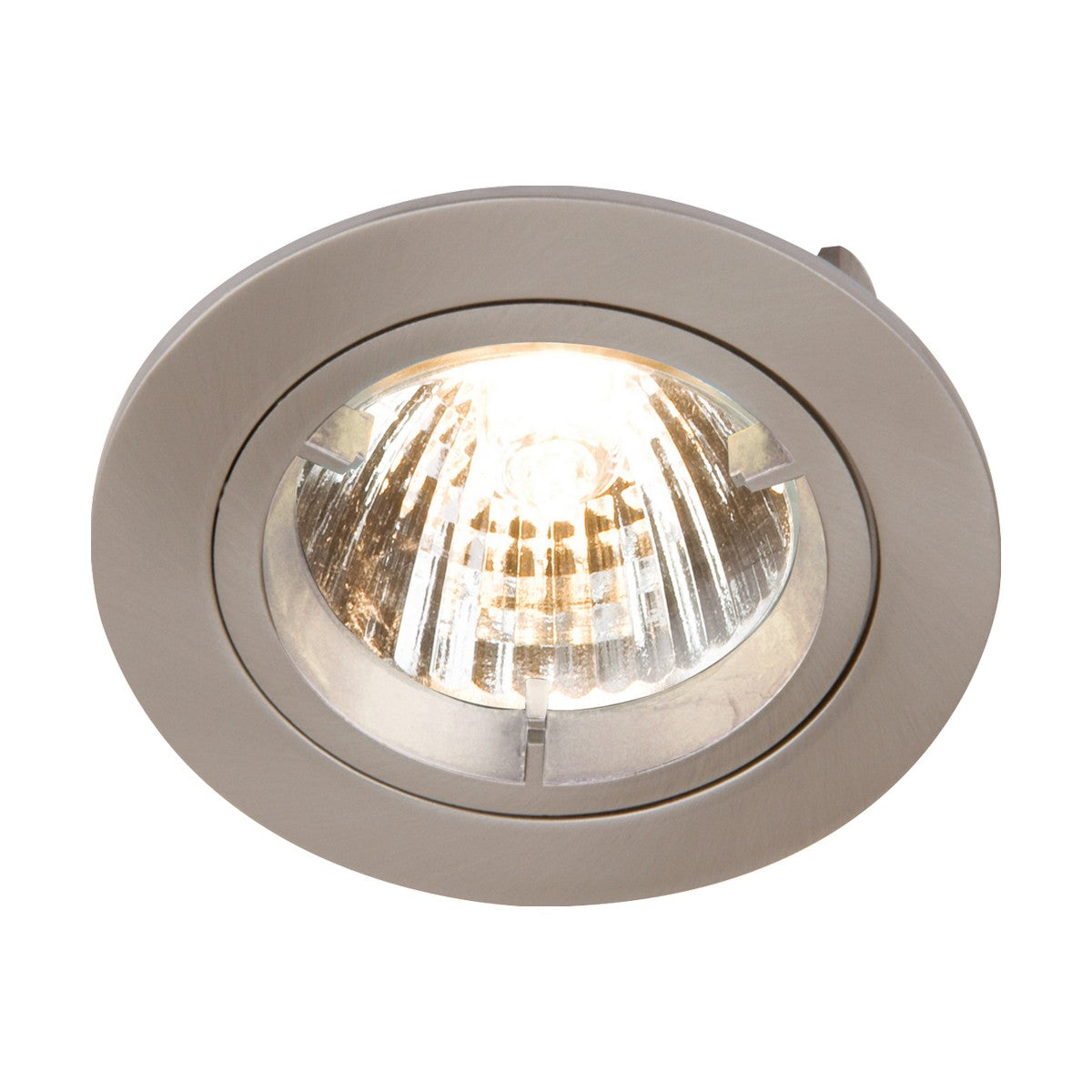 The GU10 Brushed Chrome Recessed Fixed Twist & Lock Downlight features a visible bulb set in a reflective housing, emitting bright light. It has a round design with brushed chrome trim and includes an indoor lighting-compatible GU10 lampholder.