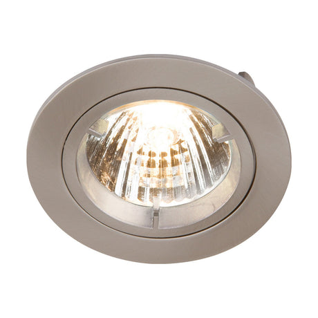 The GU10 Brushed Chrome Recessed Fixed Twist & Lock Downlight features a visible bulb set in a reflective housing, emitting bright light. It has a round design with brushed chrome trim and includes an indoor lighting-compatible GU10 lampholder.