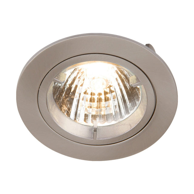 The GU10 Brushed Chrome Recessed Fixed Twist & Lock Downlight features a visible bulb set in a reflective housing, emitting bright light. It has a round design with brushed chrome trim and includes an indoor lighting-compatible GU10 lampholder.