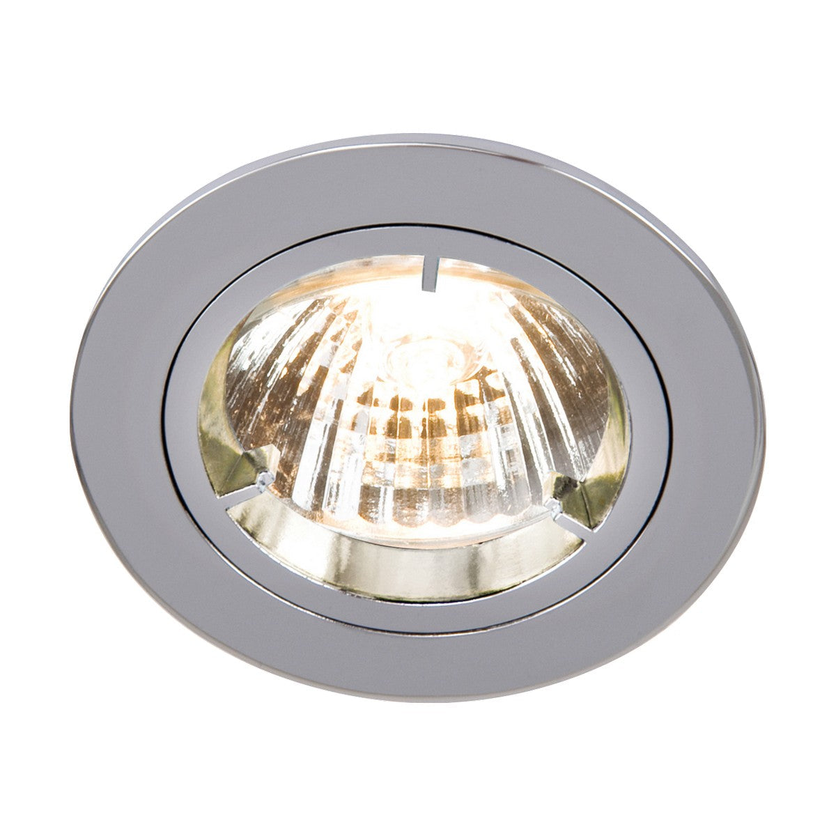 A detailed view of the GU10 Chrome Recessed Fixed Twist & Lock Downlight reveals its round, chrome die-cast design with a visible bulb that emits a warm glow. The 230V ceiling light, compatible with GU10/MR16 bulbs, is set against a white backdrop, accentuating its sleek and modern aesthetic.