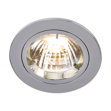 A detailed view of the GU10 Chrome Recessed Fixed Twist & Lock Downlight reveals its round, chrome die-cast design with a visible bulb that emits a warm glow. The 230V ceiling light, compatible with GU10/MR16 bulbs, is set against a white backdrop, accentuating its sleek and modern aesthetic.