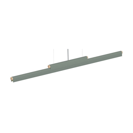 Rudi LED DALI Dimmable Linear Pendant Light in matt green, a slim iron bar with wooden end caps and a shorter centre section, suspended on thin cables against a white background.
