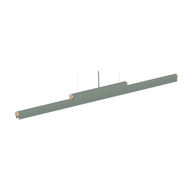 Rudi LED DALI Dimmable Linear Pendant Light in matt green, a slim iron bar with wooden end caps and a shorter centre section, suspended on thin cables against a white background.