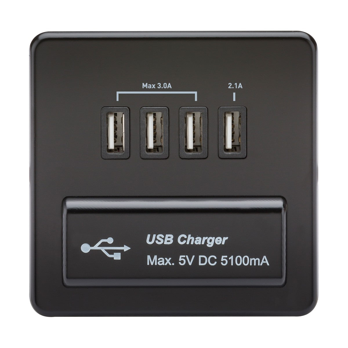 230V Quad USB-A Charger Outlet (5V DC 5.1A shared) - Matt Black with Black Insert