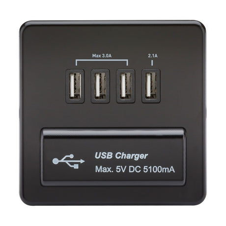230V Quad USB-A Charger Outlet (5V DC 5.1A shared) - Matt Black with Black Insert