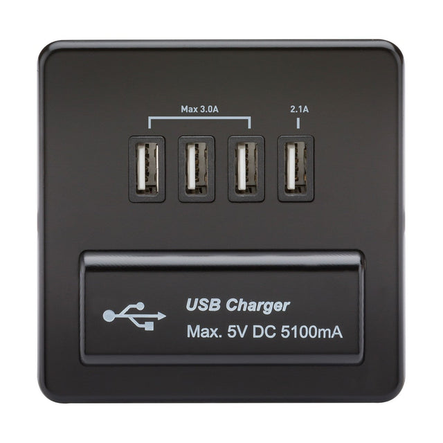230V Quad USB-A Charger Outlet (5V DC 5.1A shared) - Matt Black with Black Insert