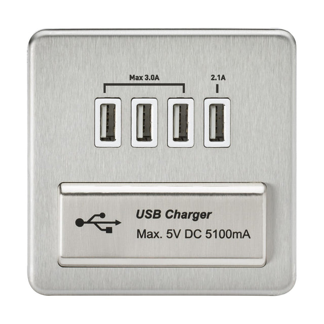 230V Quad USB-A Charger Outlet (5V DC 5.1A shared) - Brushed Chrome with White Insert
