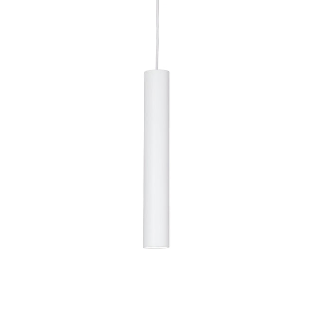 The Noctis 1 Light Pendant - White, 6cm boasts a sleek cylindrical design with a minimalist white finish, effortlessly suspended from an adjustable fabric cable that elegantly complements its serene backdrop.