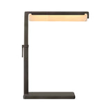 The Linea LED Alabaster Table Lamp in matte black features a rectangular base, slim angular frame, and a horizontal light bar with an alabaster diffuser that curves subtly at the end for a minimalist, contemporary look.