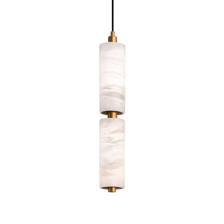 The Ardent LED Medium Column Alabaster Single Pendant Light features soft white stacked cylindrical shades and brushed brass accents, suspended by a thin black cord against a plain white background.