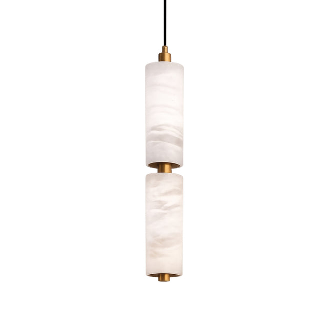 The Ardent LED Medium Column Alabaster Single Pendant Light features soft white stacked cylindrical shades and brushed brass accents, suspended by a thin black cord against a plain white background.
