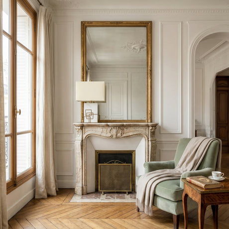 Elegant living room with a marble fireplace, ornate mirror, sage green armchair draped with a beige throw, wooden side table with tea and books, and the Veridan 1 Light Framed Marble Table Lamp - Brass & Grey by tall curtained windows and white paneled walls.