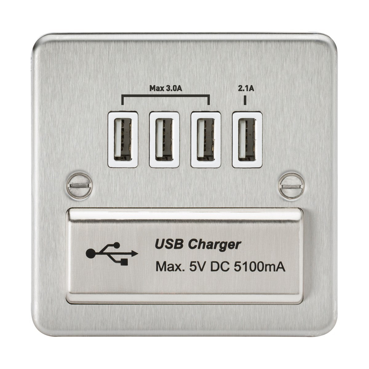 230V Quad USB-A Charger Outlet (5V DC 5.1A shared) - Brushed Chrome with White Insert