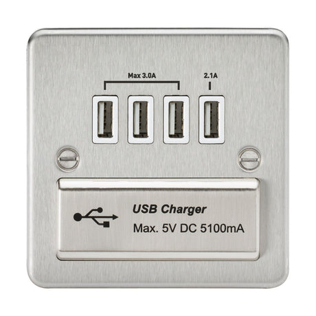 230V Quad USB-A Charger Outlet (5V DC 5.1A shared) - Brushed Chrome with White Insert