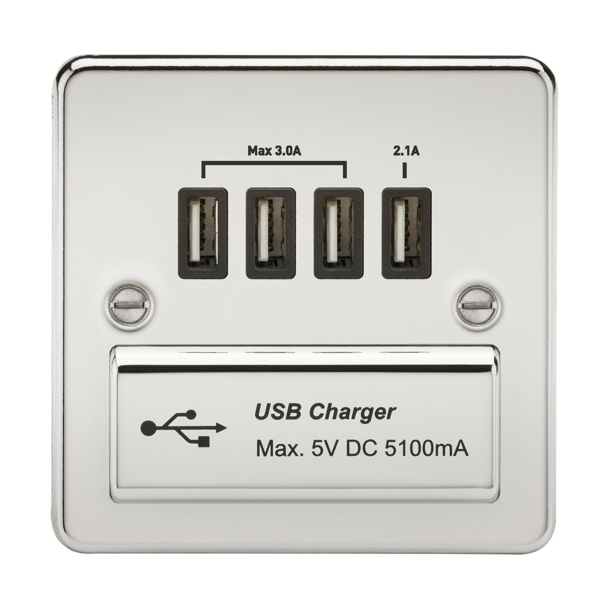 230V Quad USB-A Charger Outlet (5V DC 5.1A shared) - Polished Chrome with Black Insert