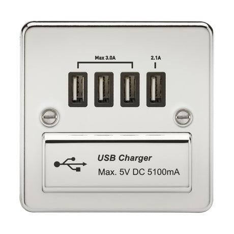 230V Quad USB-A Charger Outlet (5V DC 5.1A shared) - Polished Chrome with Black Insert