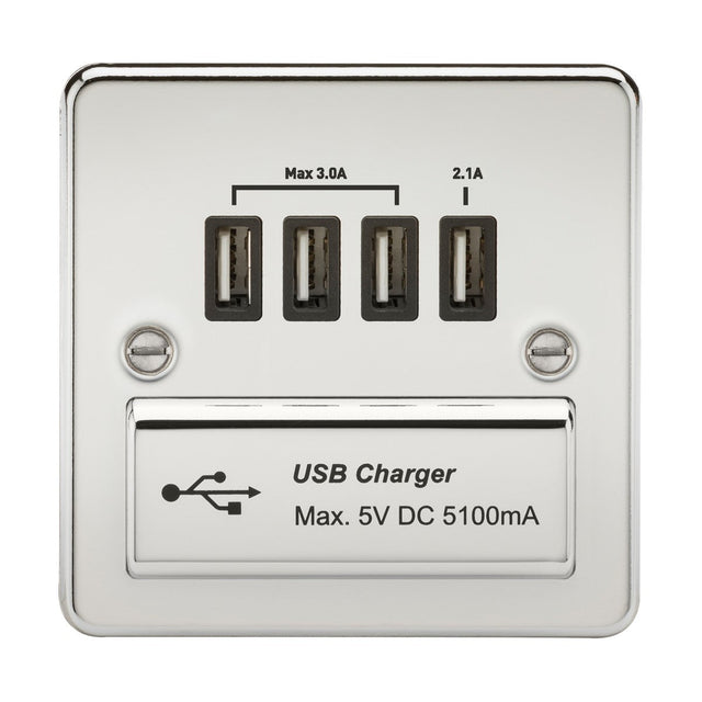 230V Quad USB-A Charger Outlet (5V DC 5.1A shared) - Polished Chrome with Black Insert