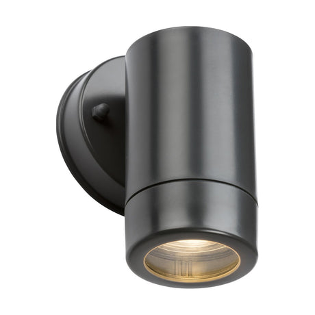 Introducing the Eamon Outdoor Single Wall Light in anthracite: a sleek, cylindrical black LED fixture designed for outdoor use. This elegant wall light features a downward-facing design mounted on a circular base, offering corrosion resistance and built-in illumination for a focused beam of light.