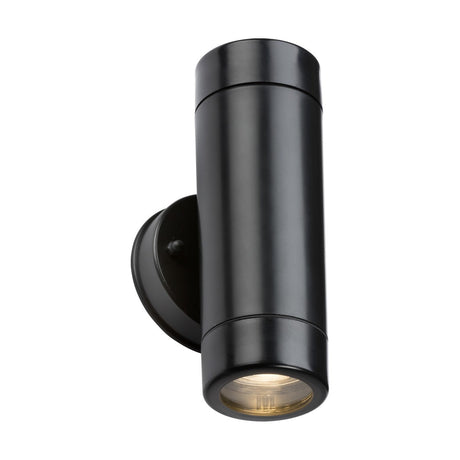 The Eamon Outdoor Up/Down Wall Light in black showcases a modern, sleek cylindrical design, mounted on a circular base. It features GU10 lighting that is corrosion resistant, elegantly emitting light both upwards and downwards.