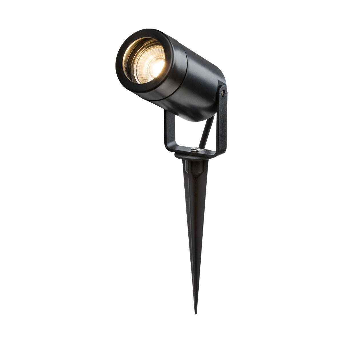 The Eamon Outdoor Spike Light - Black features a sleek cylindrical design with an adjustable head and sturdy spike stand, making it perfect for garden or landscape lighting. This modern spotlight is corrosion resistant, ensuring long-lasting performance and style.
