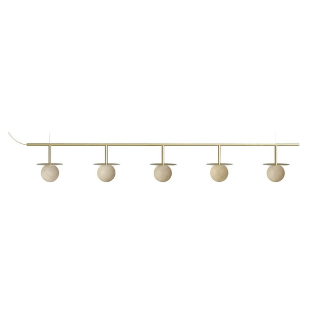 Royal Linear 5 Light Alabaster Chandelier featuring a slim brass bar with five cream alabaster globes on short brass stems, gold and polished brass finish, shown on a plain white background.