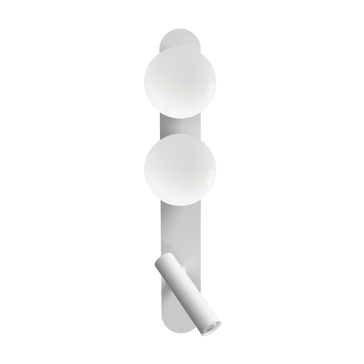 Bubble Opal Globe Wall Light with Reading Light in matt white, featuring two opal glass globes on a slim iron backplate with an adjustable integrated LED reading light below.