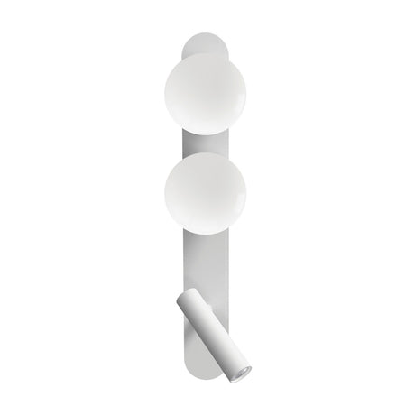 Bubble Opal Globe Wall Light with Reading Light in matt white, featuring two opal glass globes on a slim iron backplate with an adjustable integrated LED reading light below.