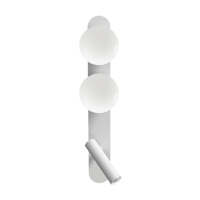 Bubble Opal Globe Wall Light with Reading Light in matt white, featuring two opal glass globes on a slim iron backplate with an adjustable integrated LED reading light below.