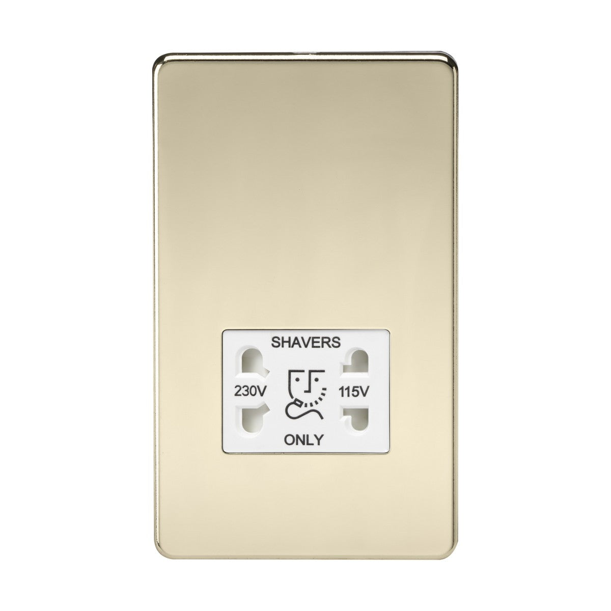 The 115V/Dual Voltage Shaver Socket in polished brass features a screwless design with a white insert, dual plug sockets for 230V and 115V, SHAVERS ONLY label, a shaver icon, IP41 rating, and EN 61558 certification for simple yet functional use.