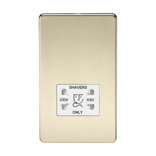 The 115V/Dual Voltage Shaver Socket in polished brass features a screwless design with a white insert, dual plug sockets for 230V and 115V, SHAVERS ONLY label, a shaver icon, IP41 rating, and EN 61558 certification for simple yet functional use.