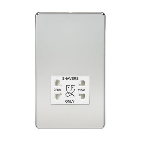 A close-up of the 115V/Dual Voltage Shaver Socket, certified to EN 61558, labeled Shavers Only, with 230V and 115V options, featuring a sleek white insert and metallic polished chrome border—ideal for modern bathrooms.