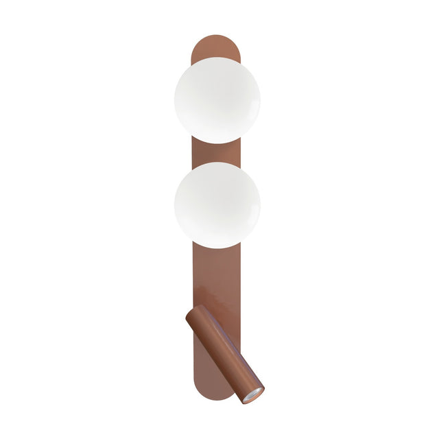 Copper Bubble Opal Globe Wall Light with Reading Light, featuring a tall iron backplate, two stacked opal glass globes, and an adjustable LED reading light on a slim copper tube.