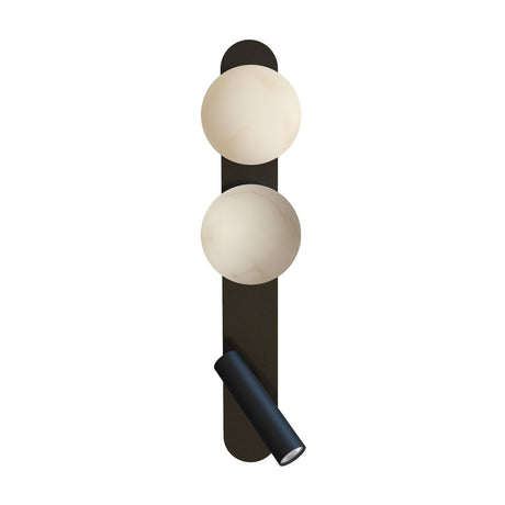 Bubble Alabaster Globe Wall Light in matt black, with two round alabaster globes stacked on a tall iron backplate and an angled integrated LED reading light below.