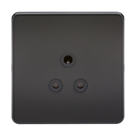 A 5A Unswitched Socket in Matt Black, featuring a minimalist and modern design with a screwless finish. The black insert includes three circular holes arranged in a triangular pattern on a flat, square faceplate, showcasing an understated elegance.