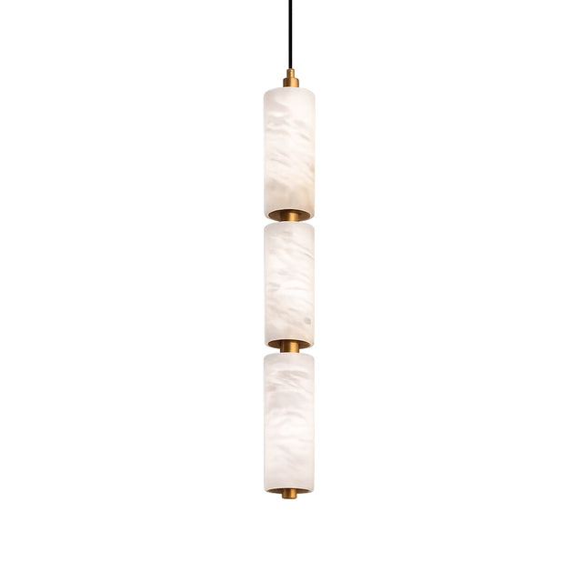The Ardent LED Large Column Alabaster Single Pendant Light in soft white and brushed brass features three vertically stacked cylindrical alabaster shades, separated by brass bands and suspended from a black cord.