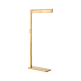 The Linea LED Alabaster Floor Lamp features a minimalist brushed brass rectangular base, slim angular frame, and an integrated horizontal LED light at the top.
