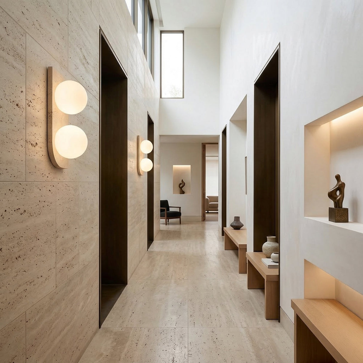 A modern hallway with beige stone floors and walls features Virella 2 Light Vertical Travertine Wall Lights in light beige for ambient lighting, minimalist benches, art sculptures on shelves, and tall windows that let in natural light.