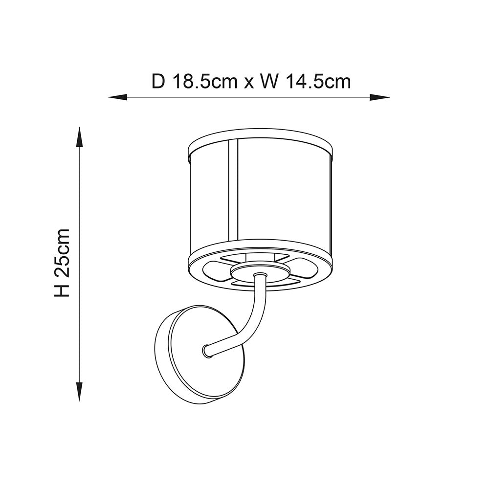 Line drawing of the Ellery Wall Light in nickel, showing a cylindrical glass shade on a curved arm and round backplate, with dimensions D18.5 x W14.5 x H25cm.