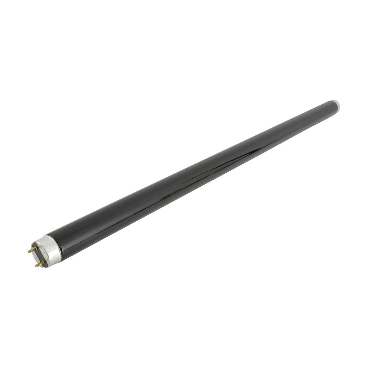 QTX 18W 2ft T8 fluorescent UV black light tube with dark glass casing and G13 bi-pin ends, shown diagonally on a plain white background.