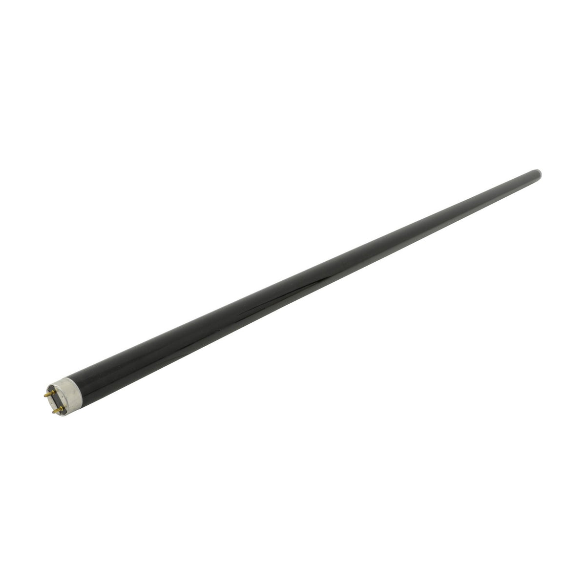 QTX 36W 4ft T8 fluorescent black light tube in black glass with metal end cap and bi-pin connectors, shown diagonally on a plain white background.